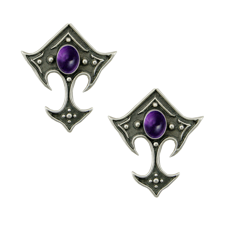 Sterling Silver Gothic Inspired Designer Drop Dangle Earrings With Amethyst